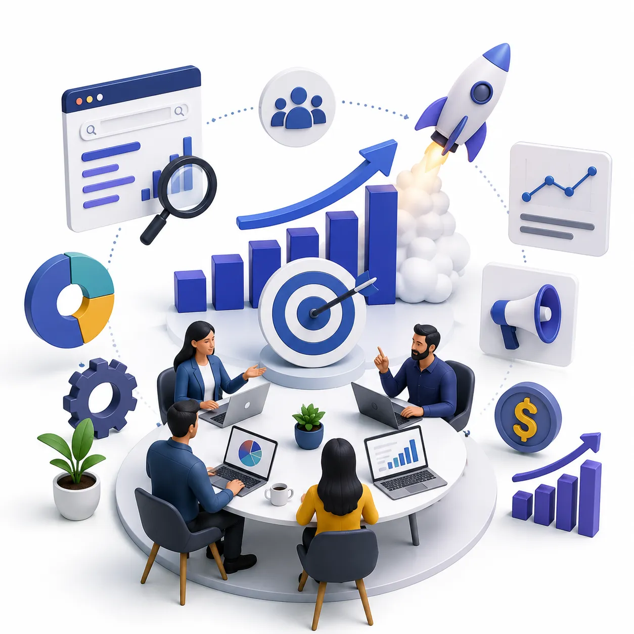 Digital marketing team discussing SEO and business growth strategies