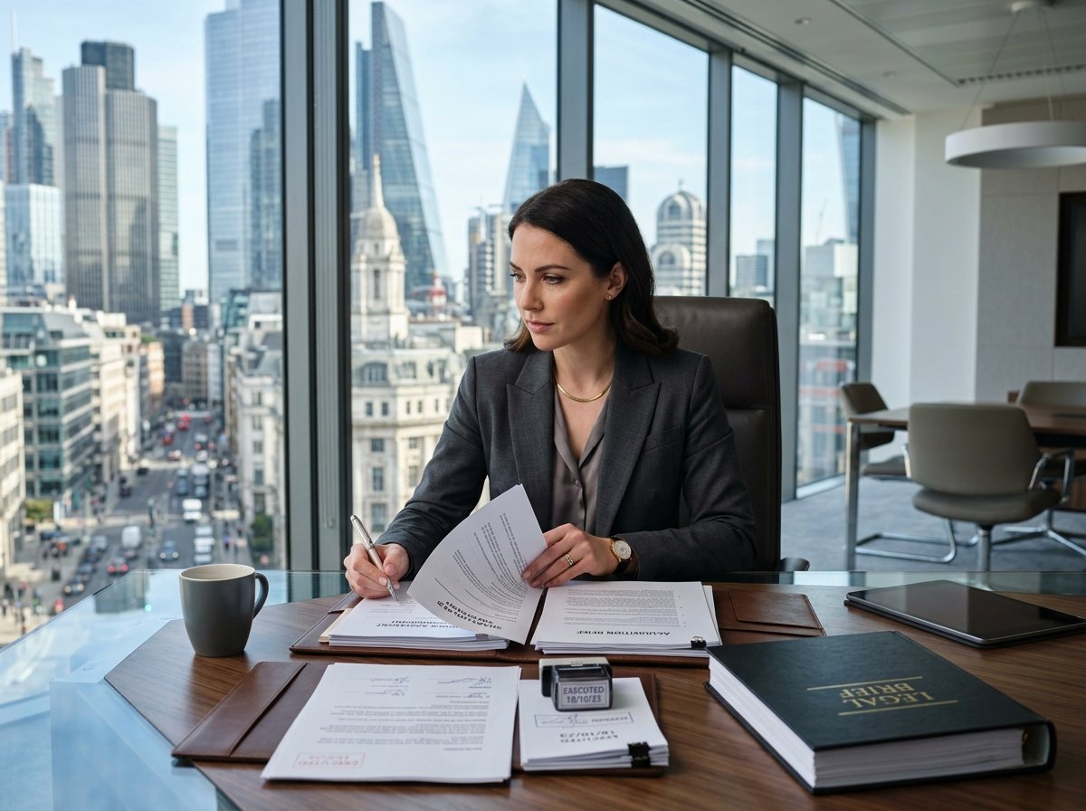 Corporate business attorney reviewing executive contracts at modern boardroom desk