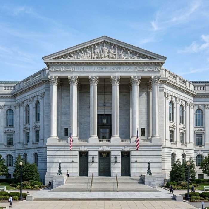 Neoclassical United States Supreme Court courthouse with stone columns and classical pediment