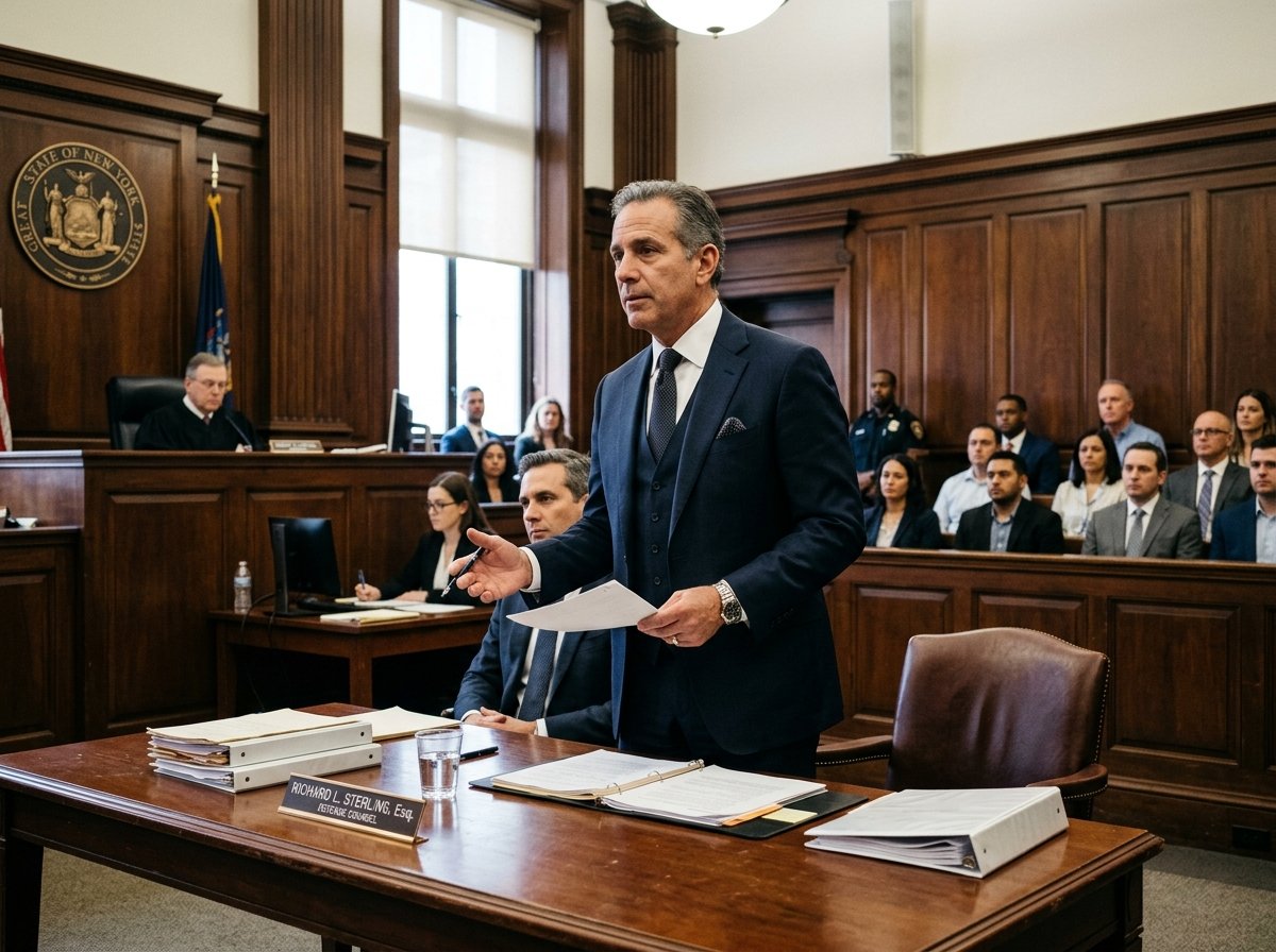 Authoritative defense attorney standing in a formal wood-paneled courtroom