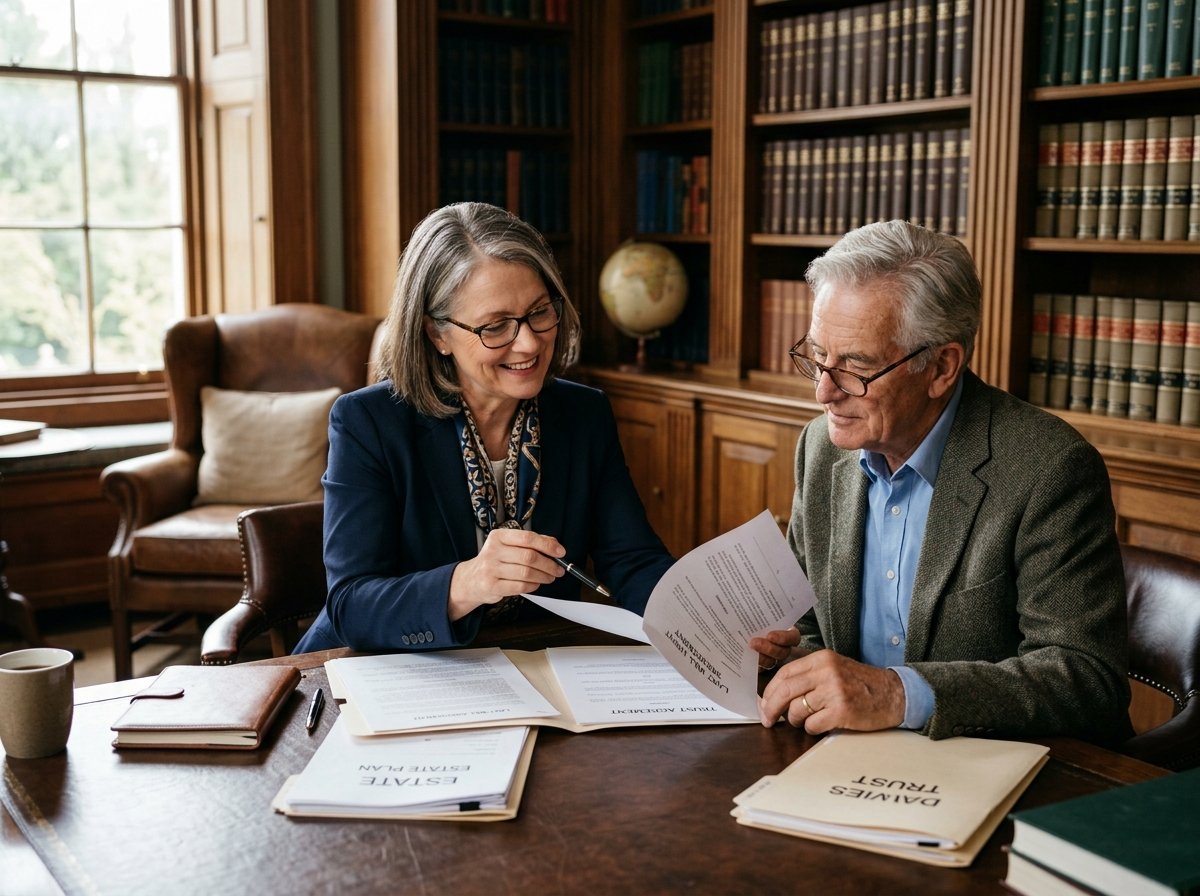 Experienced estate planning attorney reviewing wills and trust documents with senior client