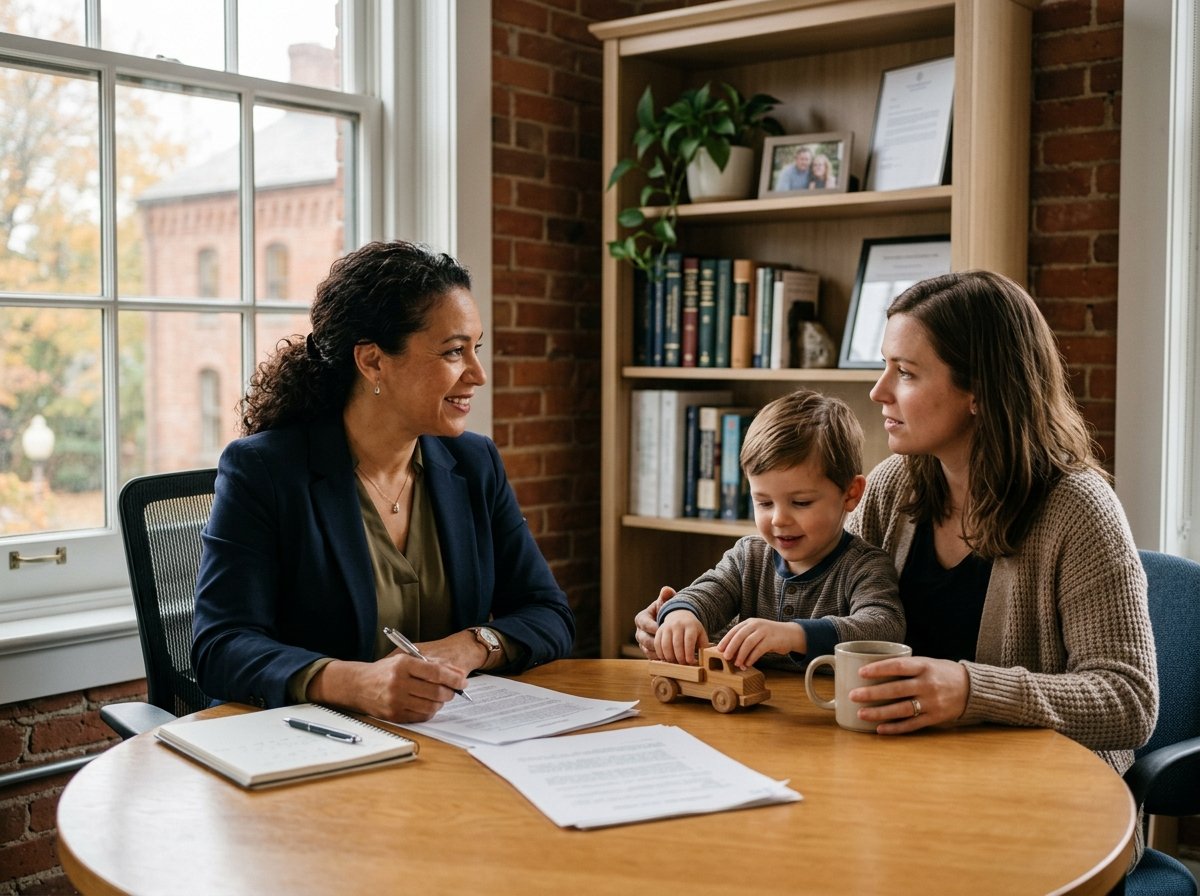 Compassionate family law attorney meeting with client and child in private consultation