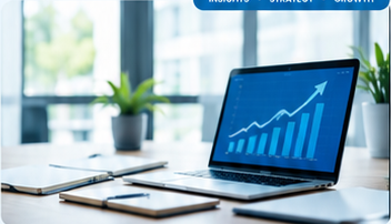 Office workspace featuring laptop displaying upward-trending business analytics chart
