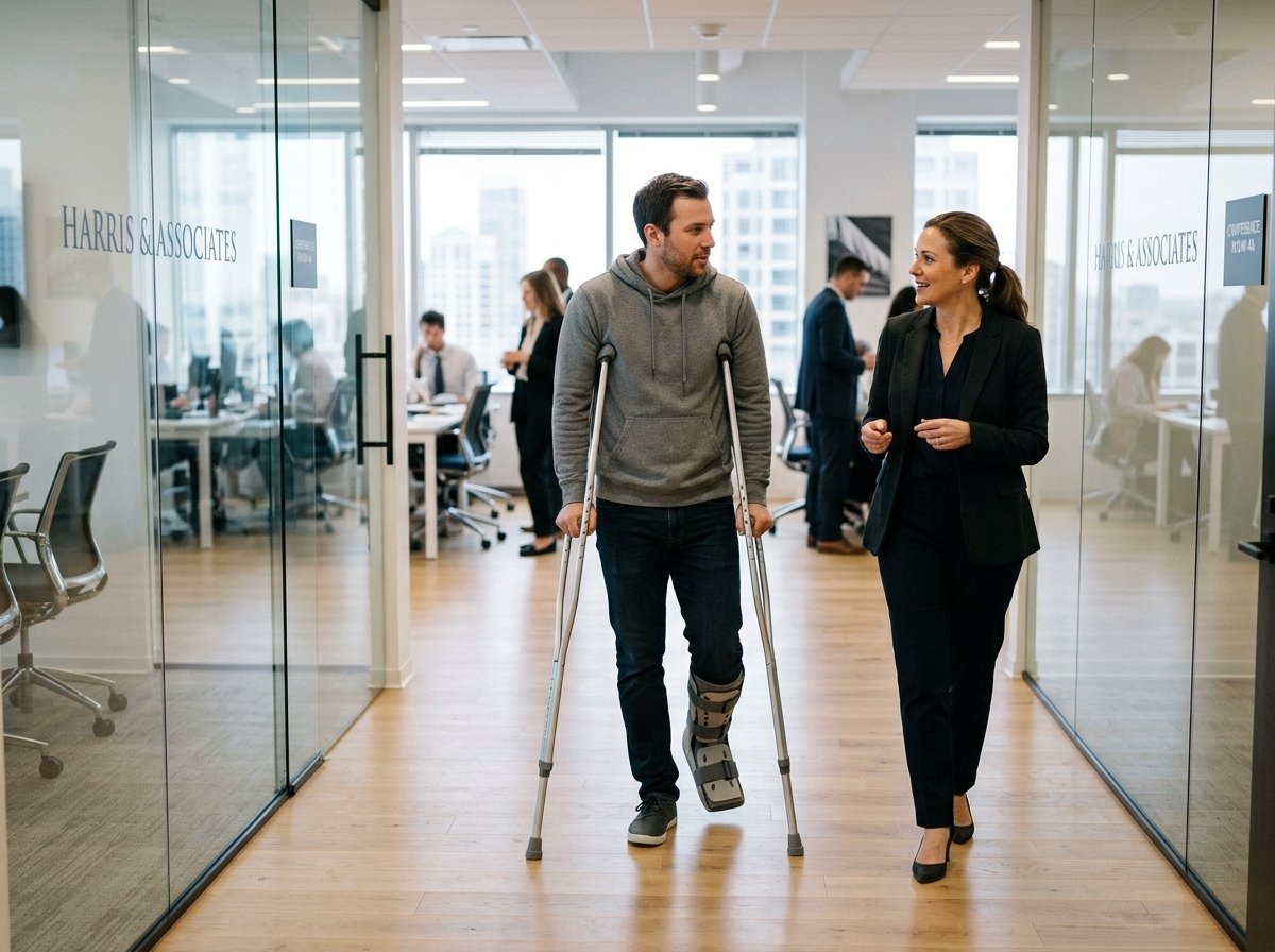 Attorney consulting with an injured personal injury client in a modern law office