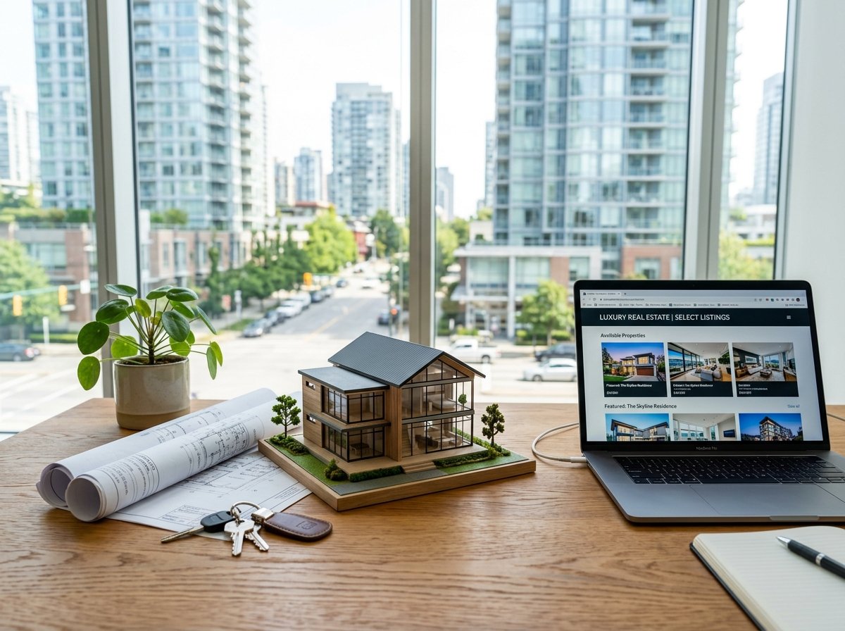 Modern Real Estate Marketing Workspace with Architectural Model and Property Listings