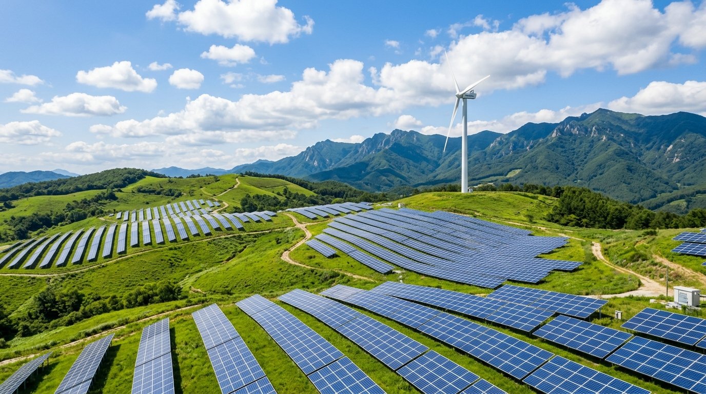 Solar panels and wind turbine on green rolling hills under sunny sky