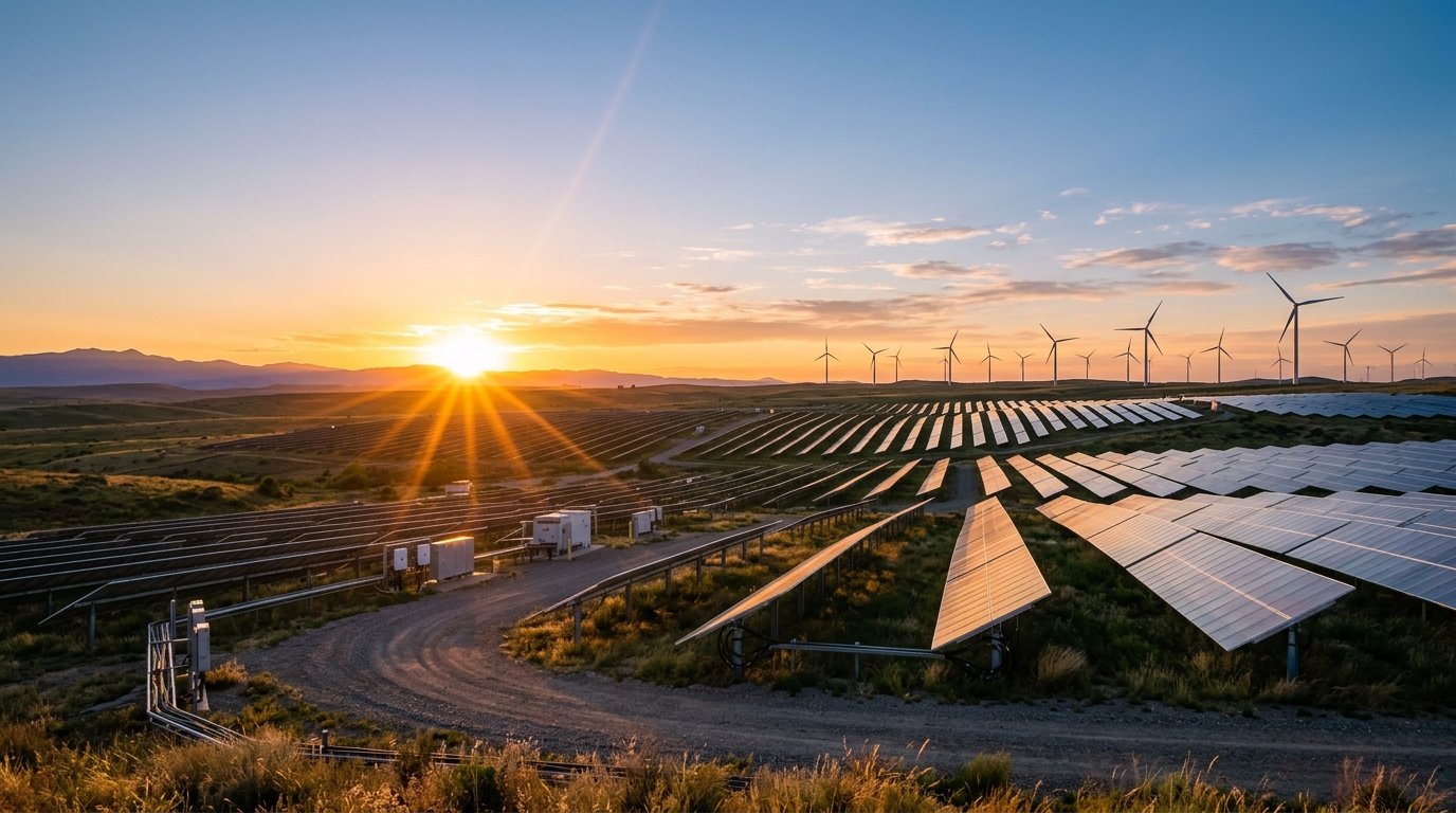 Solar panel farm at golden hour sunset with wind turbines