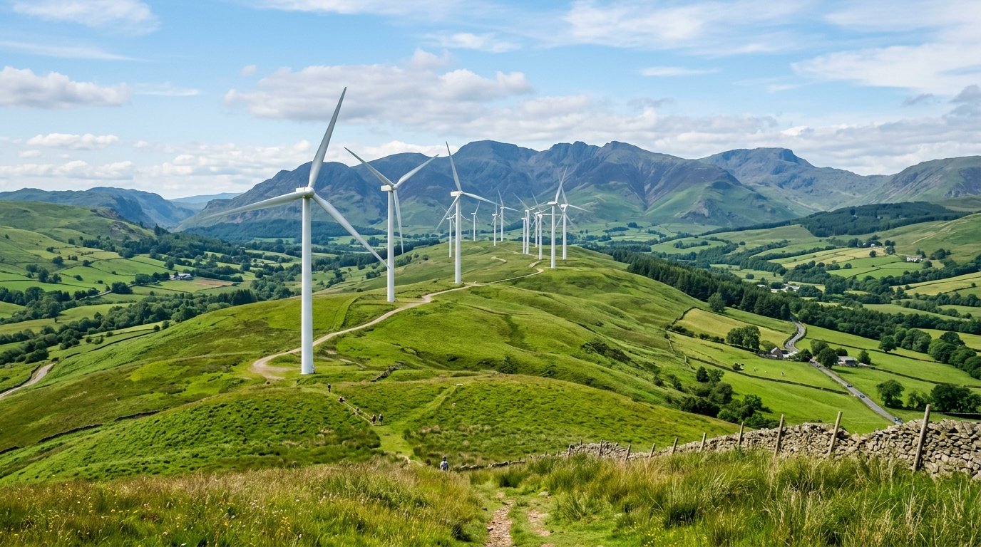 Wind turbines on lush green rolling hills under sunny sky